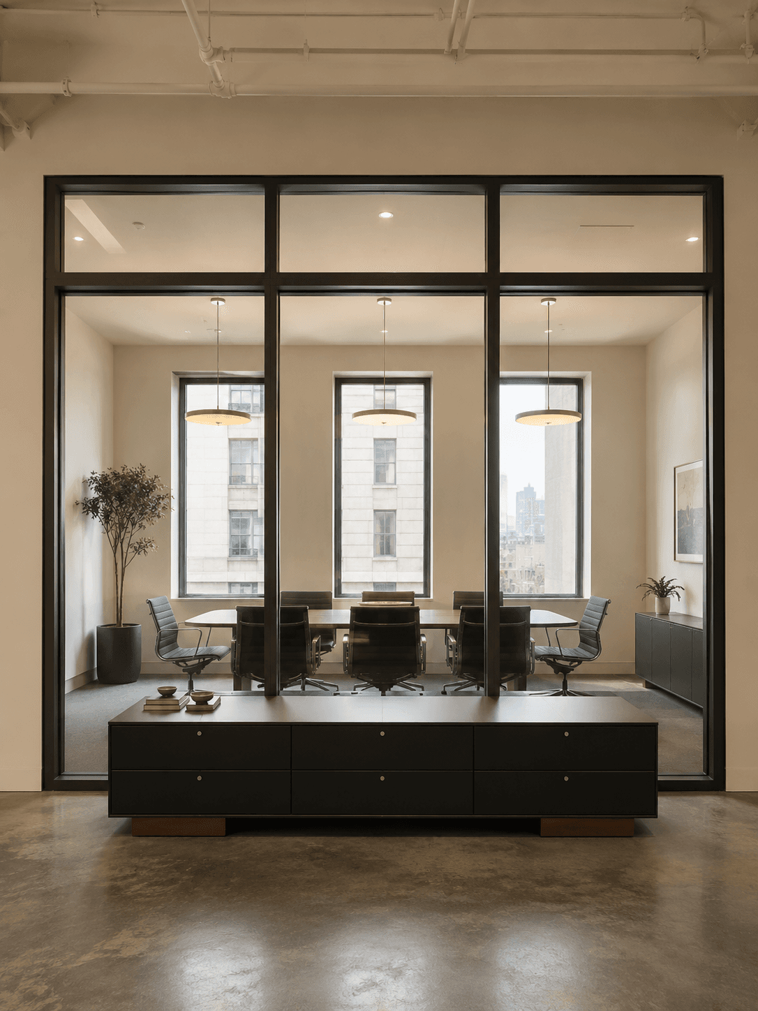 Bright creative office suite with white work tables, black chairs, and city views