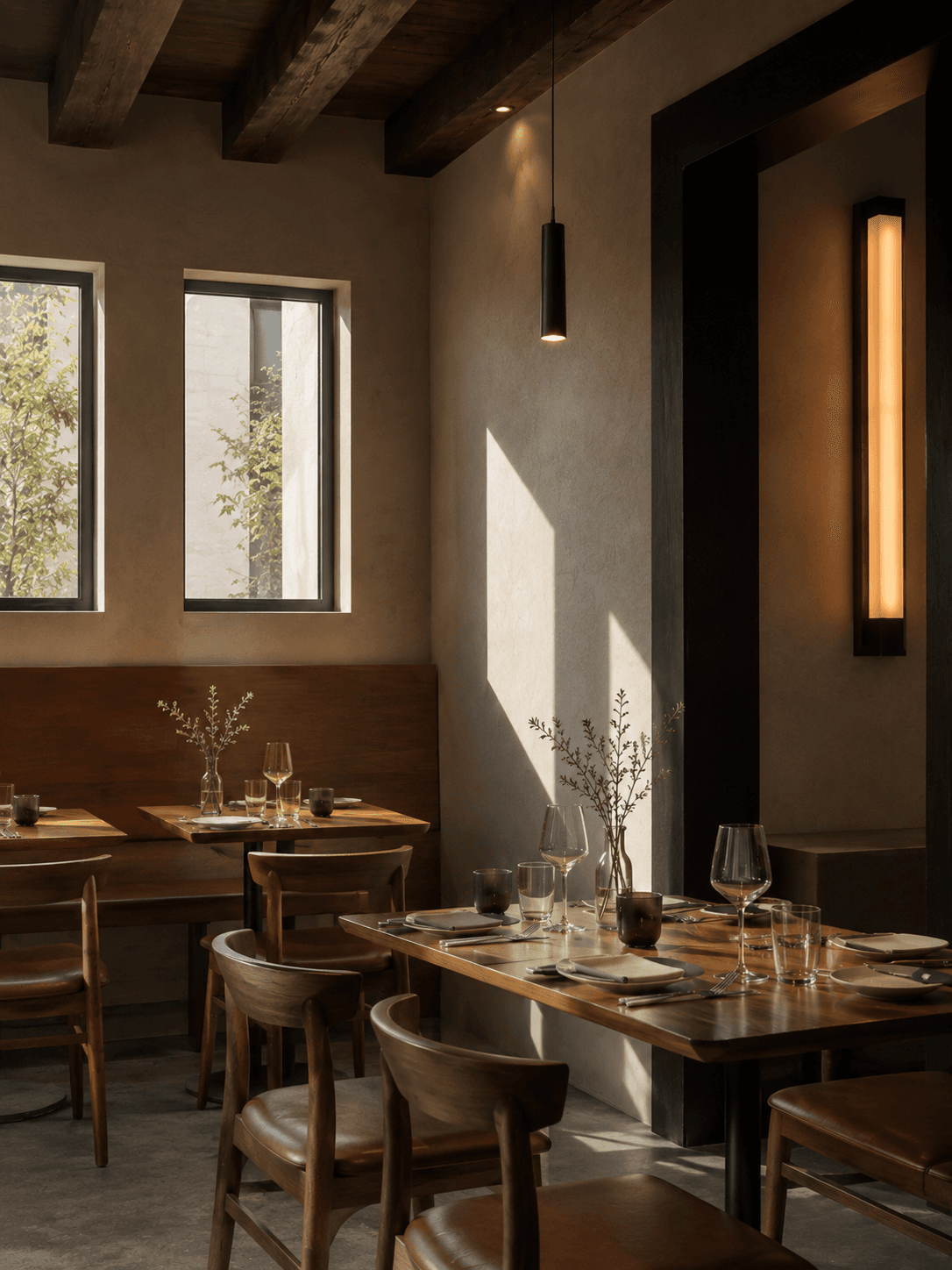 Warm hospitality interior with timber tables, plaster walls, and pendant lighting